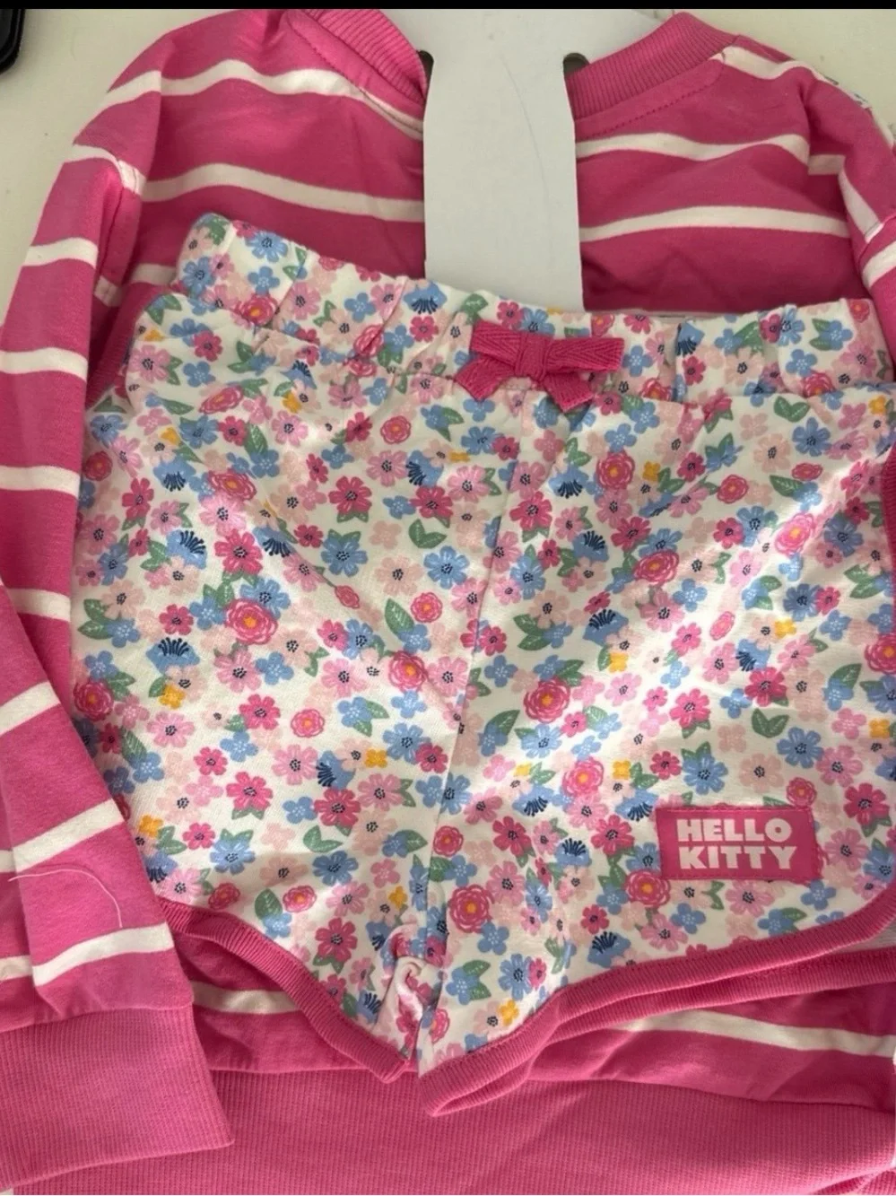 Hello Kitty Pink & White Striped Sweatshirt with shorts and pouch